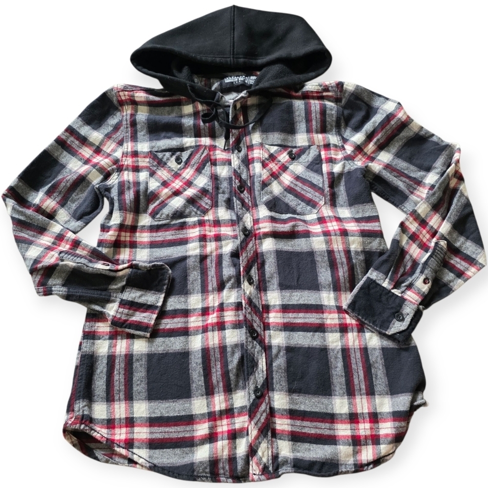 Raw Yarn Industries Men's Hooded Flannel, Red/Black/Gray, Size M
